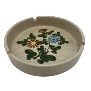 VTG MCM Speckled Stoneware Ashtray Hand Painted Boho Catch All Dish 70s Floral